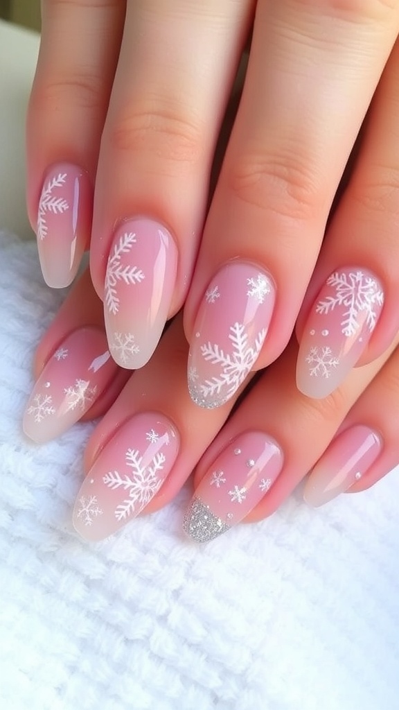 Elegant Nude Christmas Nail Art Nude Christmas nail art featuring snowflakes and glitter accents.